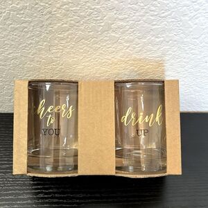 New Set of Two Rocks Glasses "Cheers to You" and "Drink Up" ~ 8 Ounces Each